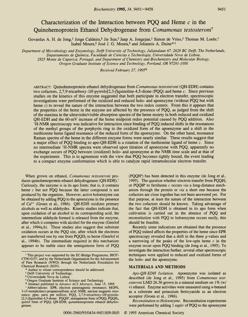 PQQ 乙醛脱氢酶 PQQ aldehyde dehydrogenase 研究成果